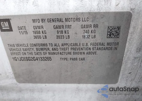 2016 Chevrolet Sonic Lt Auto from USA, damaged, VIN 1G1JC6SG2G4133265